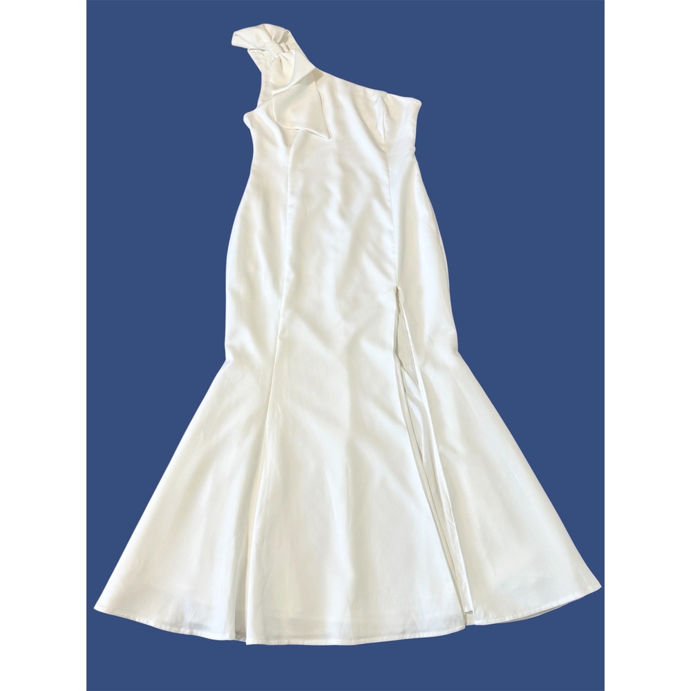 Petal and Pup White One‎ Shoulder Bow Maxi Dress Mermaid Gown Slit Womens Large
